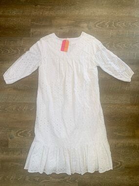 Vilagallo White Eyelet Cotton Midi Dress with Ruffle Hem